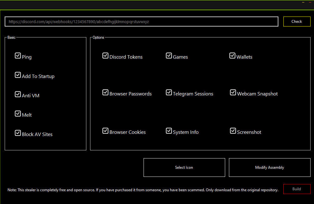 图 13 Umbral Stealer 构建器中显示的 Webhook 设置。