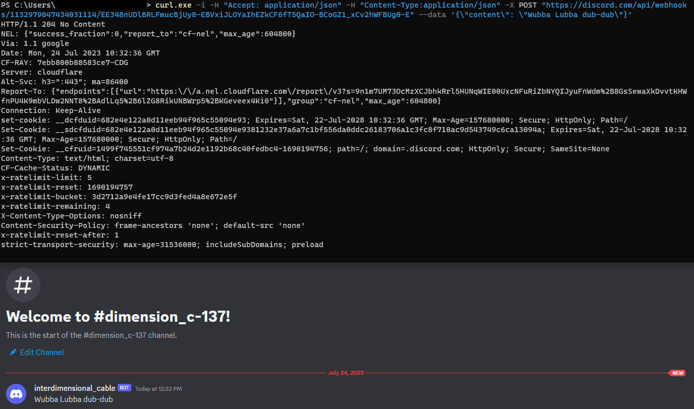 图 2 使用 cURL 通过 webhook 发送到 Discord 通道的信息。